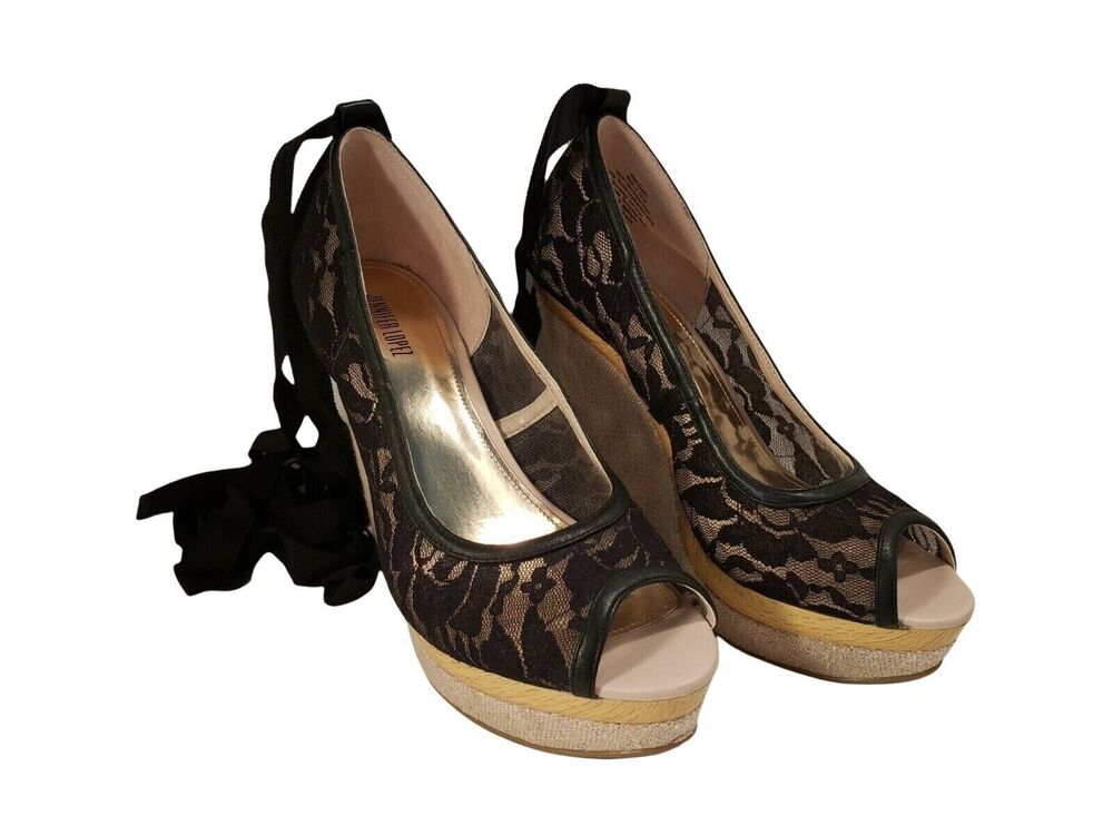 Jennifer Lopez Tierra Black Lace Espadrille Wedge Heels Women's Size 9.5M